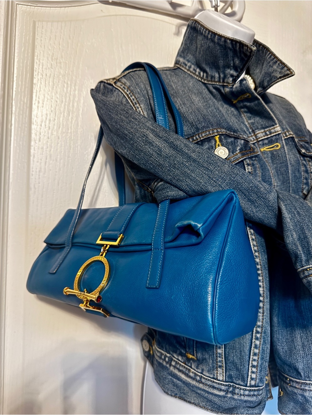 RARE Vintage Gianni Versace Blue Leather Greca Jewel Shoulder Bag – 1990 - Picture 3 of 12